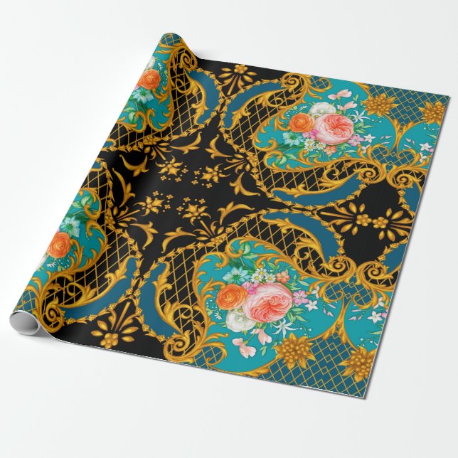 Papel De Regalo Composición cuadrada con flores rosadas y naranjas (Desenrollado)