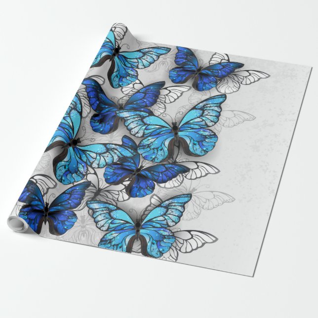 Papel De Regalo Composición de las mariposas blancas y azules (Desenrollado)