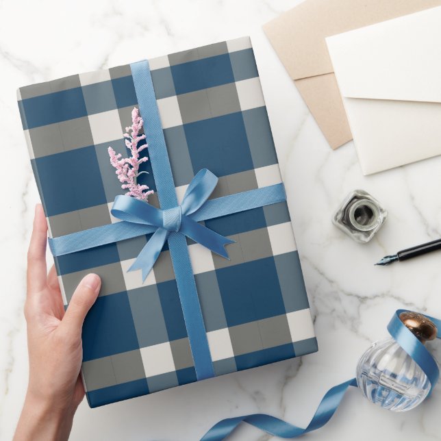 Papel De Regalo Comprobación de búfalo blanco gris azul (Regalar)