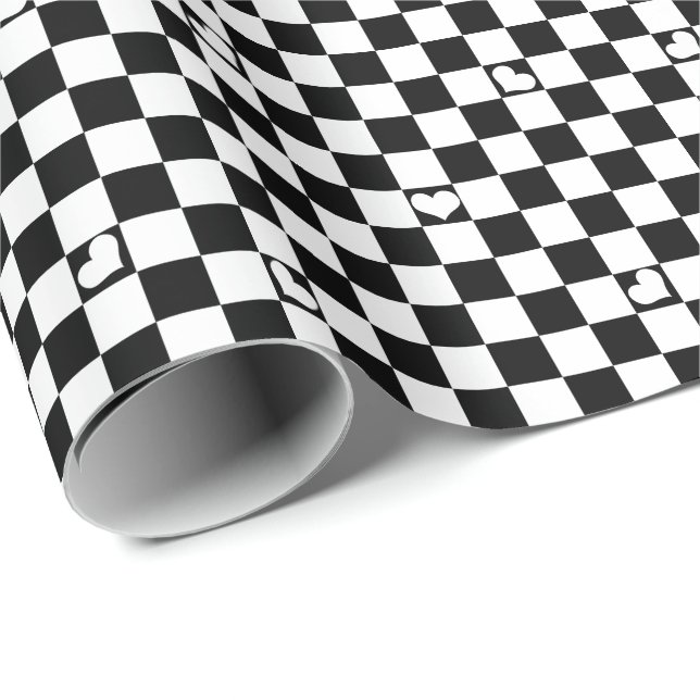 Papel De Regalo Comprobación en blanco y negro con detalles en el  (Esquina del rollo)