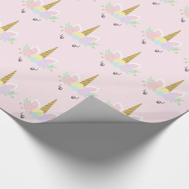 Papel de regalo con cara de unicornio rosa (Esquina)