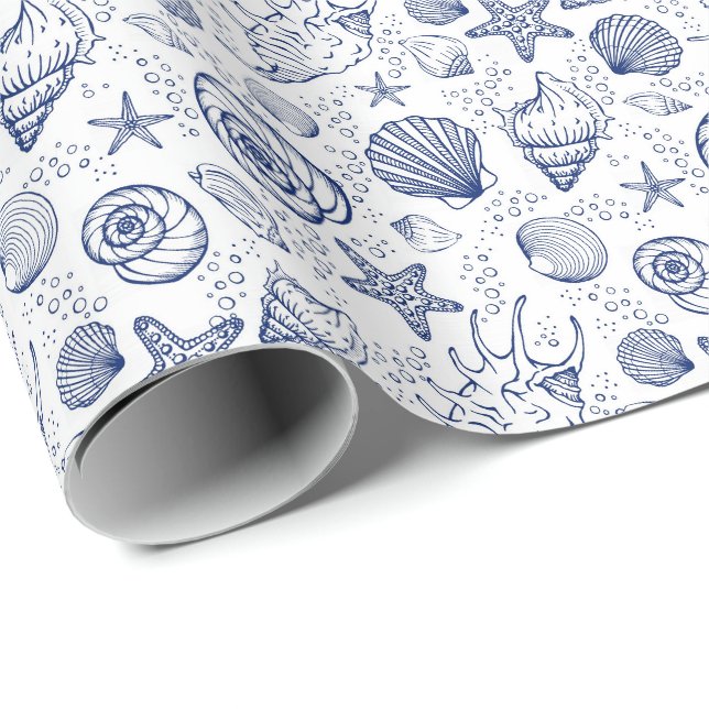 Papel de regalo con conchas de mar azul y blanco (Esquina del rollo)