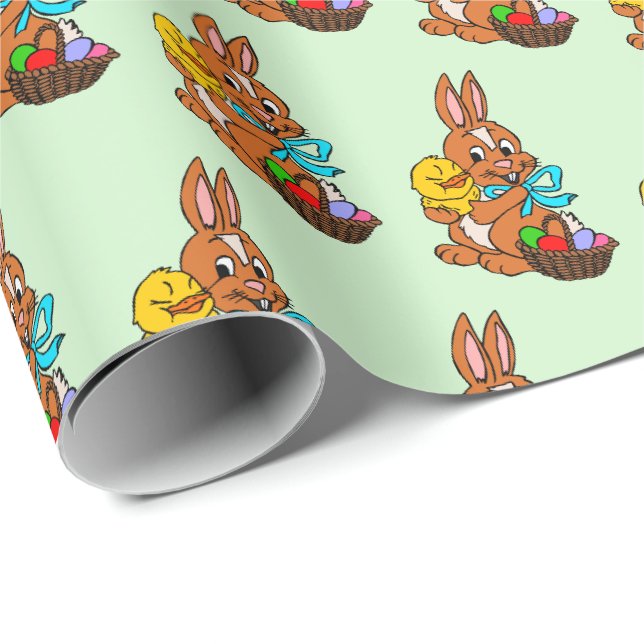 Papel de regalo con conejo y pollito de Pascua fel (Esquina del rollo)