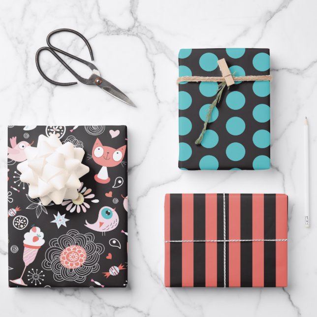 Papel de regalo con conjunto de gato, pájaro, flor (Anverso)