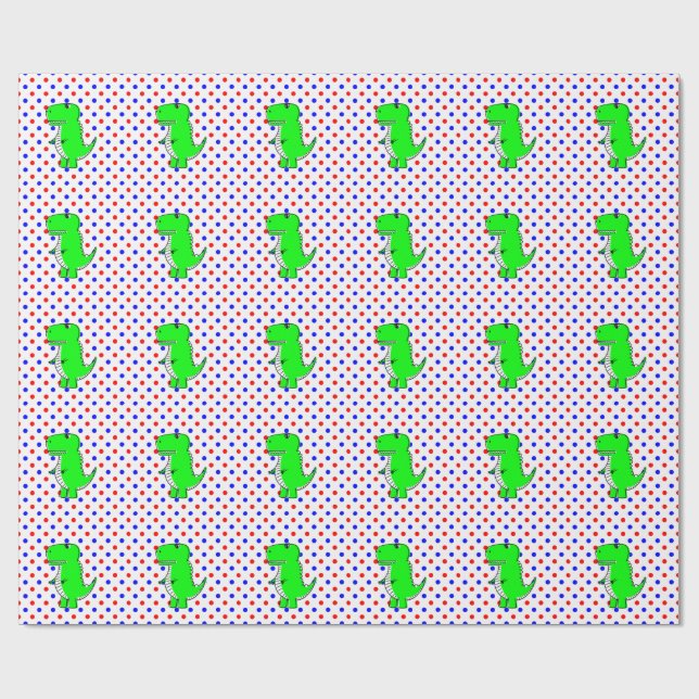 Papel de regalo con dinosaurio verde y lunares roj (Superficie plana)
