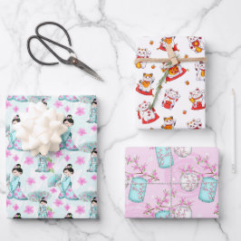Papel de regalo con diseño asiático, juego de 3 lá