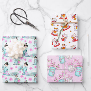 Papel de regalo con diseño asiático, juego de 3 lá
