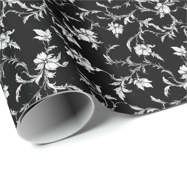 Papel de regalo con enredadera floral Noir (Esquina del rollo)