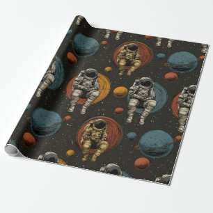 Papel de regalo con escena espacial retro de astro