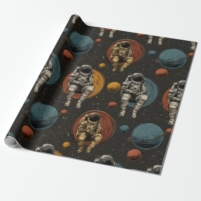 Papel de regalo con escena espacial retro de astro (Desenrollado)