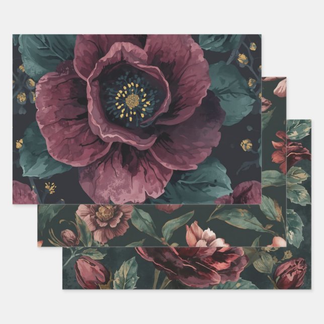 Papel de regalo con estampado botánico oscuro para (Set)