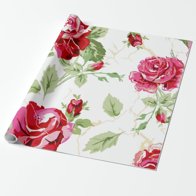 Papel de regalo con estampado clásico de rosa roja (Desenrollado)