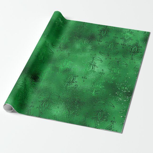 Papel de regalo con estampado damasco verde esmera (Desenrollado)