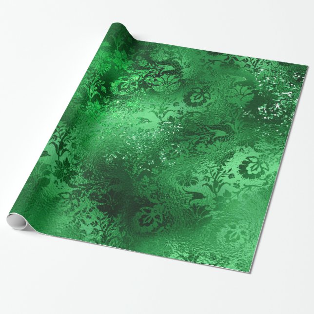 Papel de regalo con estampado damasco verde esmera (Desenrollado)