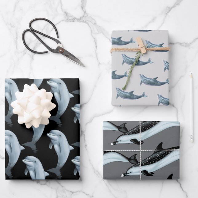 Papel de regalo con estampado de delfín gris negro (Anverso)