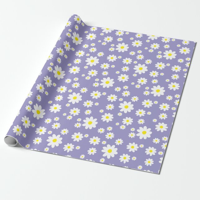 Papel de regalo con estampado de margaritas morado (Desenrollado)