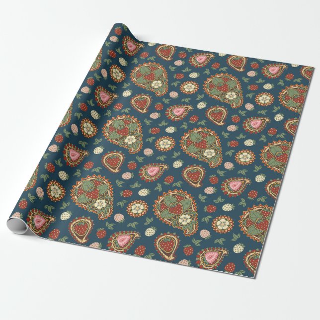 Papel de regalo con estampado de paisley de fresa (Desenrollado)