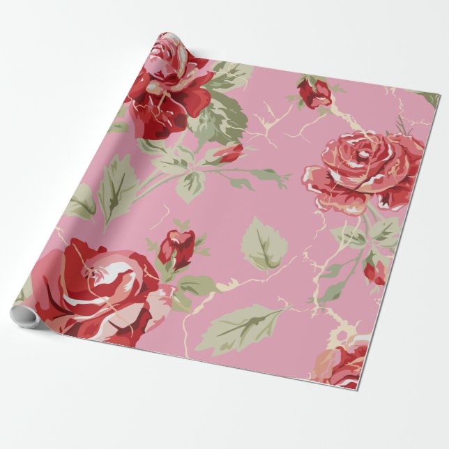 Papel de regalo con estampado de rosa roja de flor (Desenrollado)