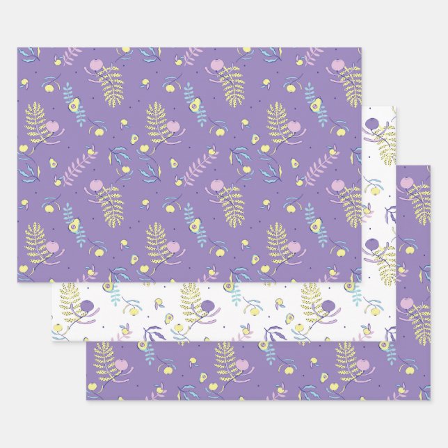 Papel de regalo con estampado floral morado (Set)