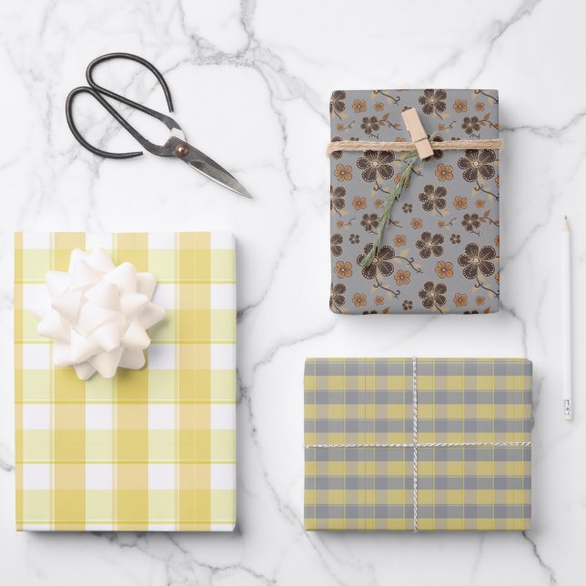 Papel de regalo con flores de tartán amarillo gris (Anverso)