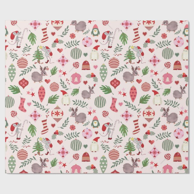 Papel de regalo con iconos de Navidad dibujados a  (Superficie plana)
