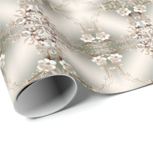 Papel de Regalo con Marco Floral Blanco Ornamentad