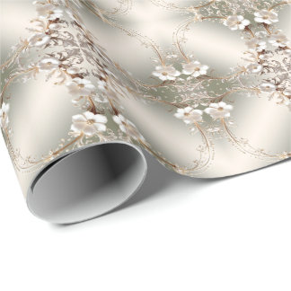 Papel de Regalo con Marco Floral Blanco Ornamentad