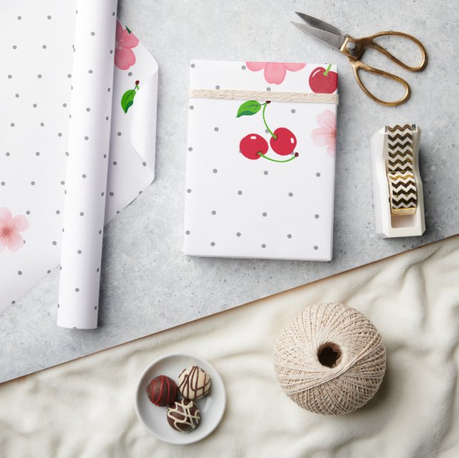 Papel de regalo con patrón adorable de cerezas y f (Artesanía)