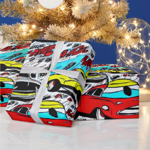 Papel de regalo con patrón de cómic de coches de d