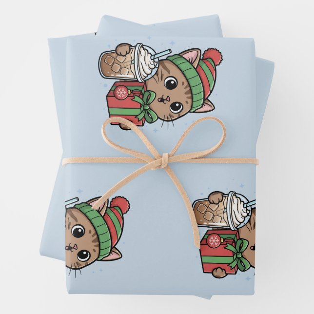 Papel de regalo con patrón de gato de Navidad y ca (In situ)