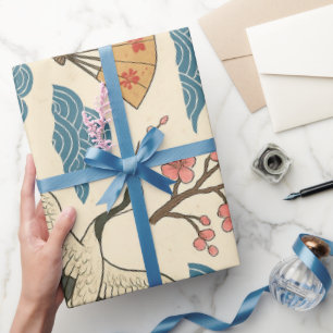 Papel de regalo con patrón de grulla japonesa y sa