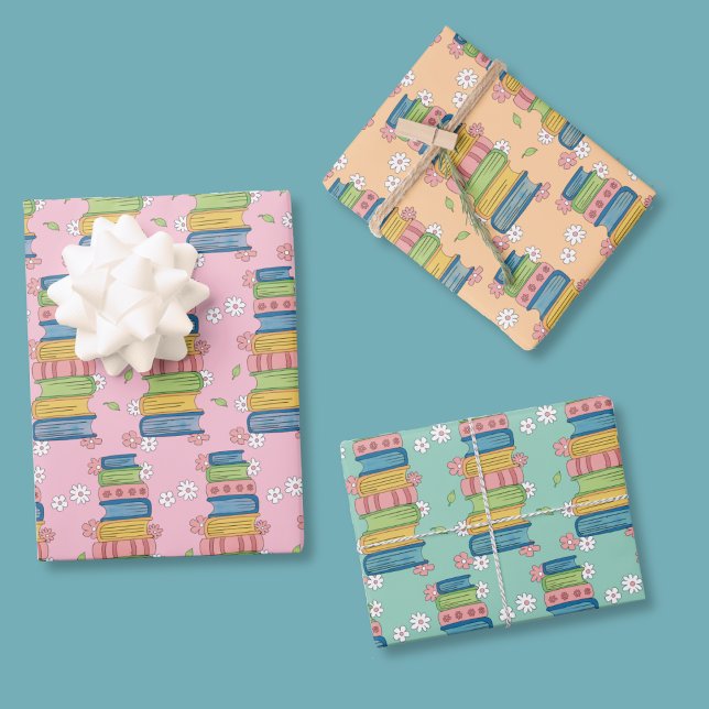 Papel de regalo con patrón de pila de libros en ac (Watercolor bookstack pattern wrapping paper sheets .)