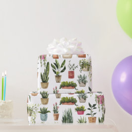 Papel de regalo con patrón de plantas en macetas a