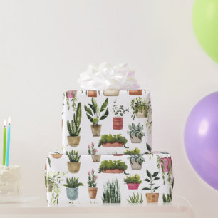 Papel de regalo con patrón de plantas en macetas a