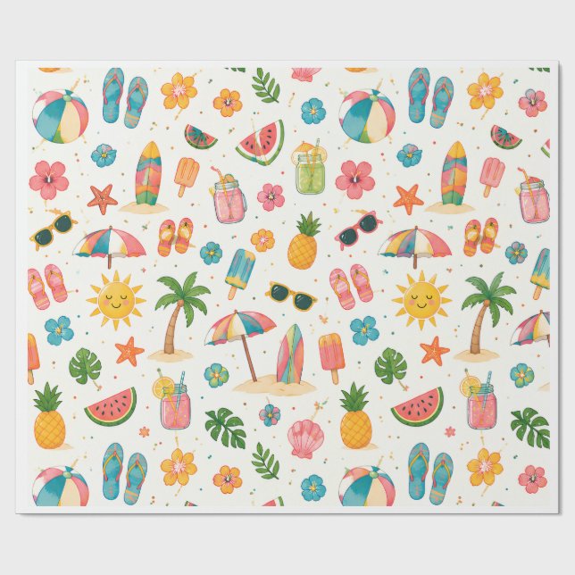 Papel de regalo con patrón de playa de verano trop (Superficie plana)