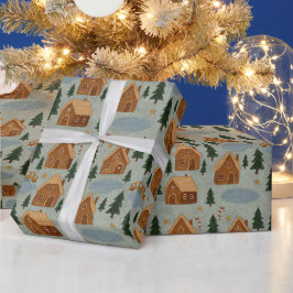 Papel de regalo con patrón de pueblo invernal acog