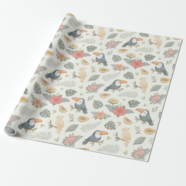 Papel de regalo con patrón de tucán tropical y pap (Desenrollado)