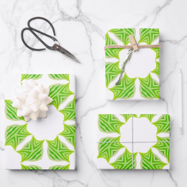 Papel de regalo con patrón geométrico de hoja verd (Anverso)