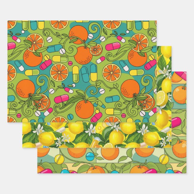 Papel de regalo con patrón RX de cítrico retro par (Set)