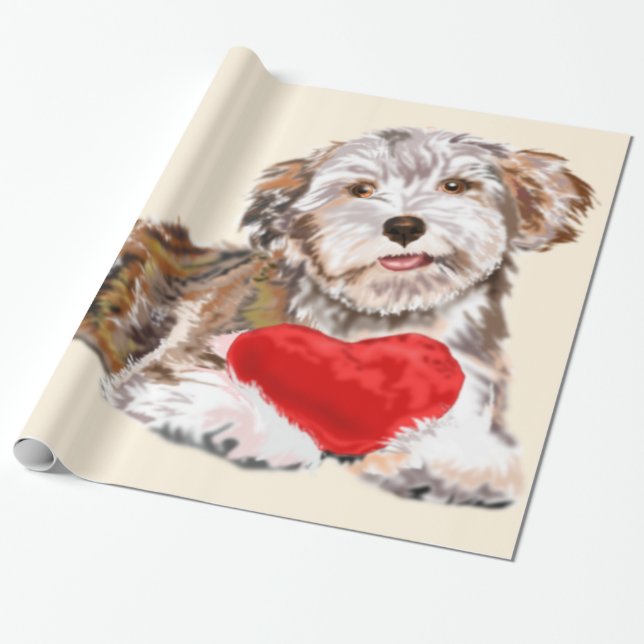 Papel de regalo con perro mascota lindo con corazó (Desenrollado)