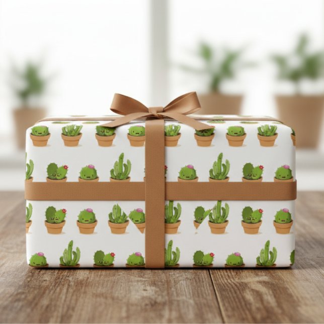 Papel de regalo con personajes adorables de cactus (Adorable Cactus Characters Wrapping Paper)