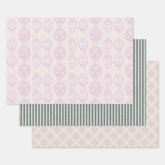 Papel de regalo con rayas de damasco rococó pastel (Set)