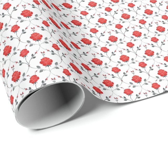 Papel de regalo con rosas rojas y capullos de rosa (Esquina del rollo)