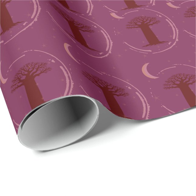 Papel de regalo con silueta de árbol Baobab granat (Esquina del rollo)