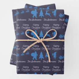 Papel de regalo con silueta de Navidad en azul