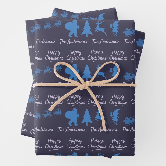 Papel de regalo con silueta de Navidad en azul (In situ)