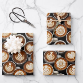 Papel de regalo con tema de café hoja plana juego
