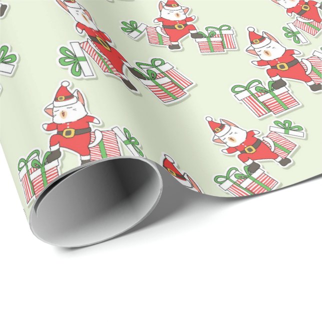 Papel de regalo con tema de gato de Santa adorable (Esquina del rollo)