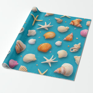 Papel De Regalo Concha de Coral Dorado Azul Patrón Océano Tropical