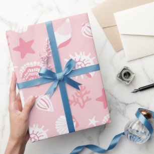 Papel De Regalo Conchas de mar y coral rosa pastel sin costuras